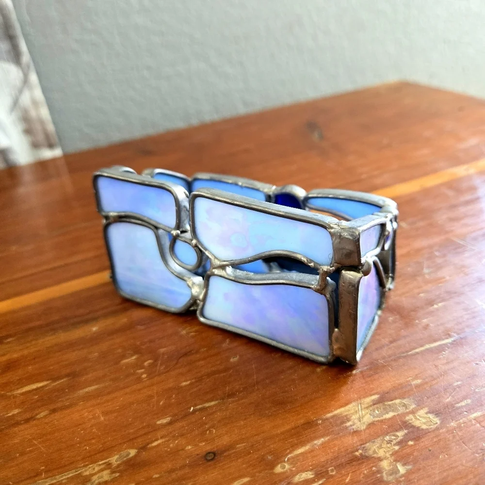 Stained Glass Metal Blue Handmade Business Card Holder Vintage - Picture 3 of 5
